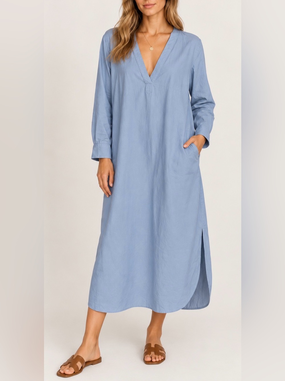 Nili Lotan Tent Dress Blue 100% Cotton V-Neck Long Sleeve Size M